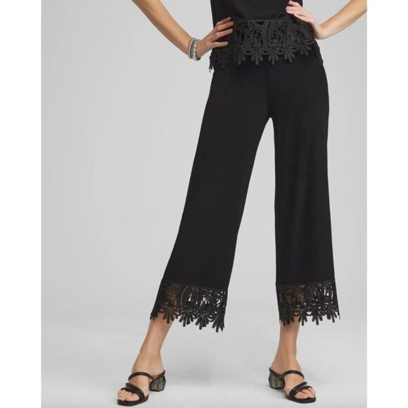 Chicos Travelers Womens Small Black Lace Trim Cropped Pants Stretch Slinky Knit - Picture 1 of 9